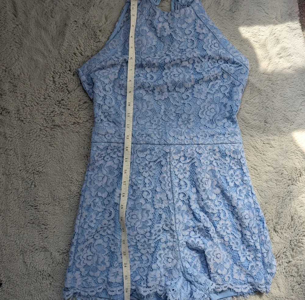 Aqua Light Blue Lace Halter Neck Romper With Open Back | Medium